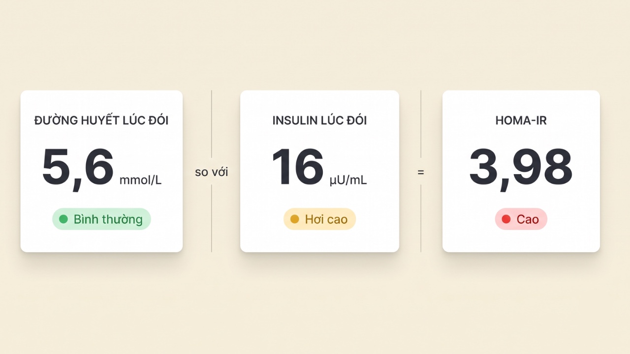 Đường huyết 5,6 mmol/L bình thường, insulin 16 µU/mL hơi cao, HOMA-IR 3,98 cao